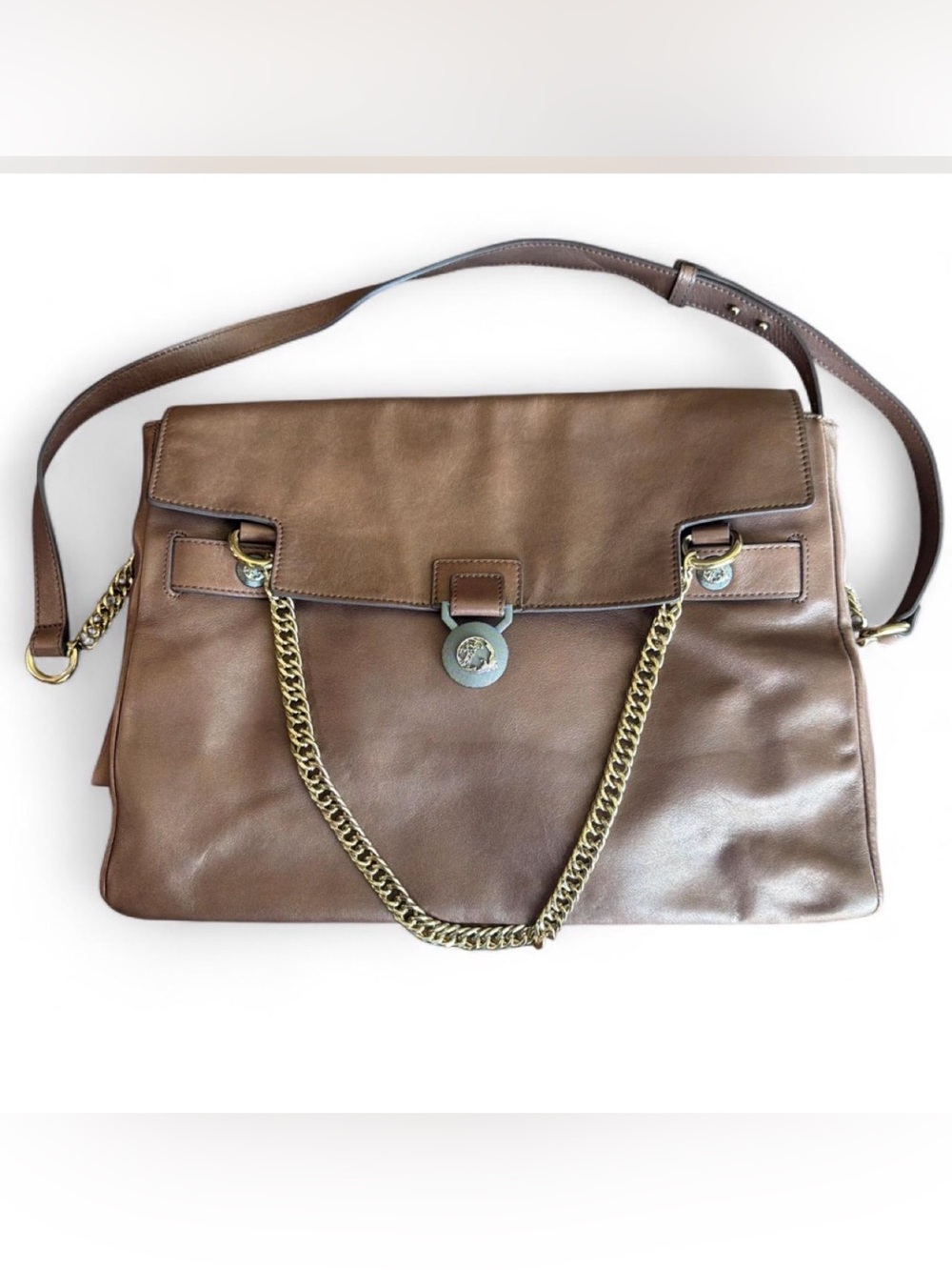 Versace Collection Bronze Vitello Perlato Leather Flapover Satchel Chain Bag